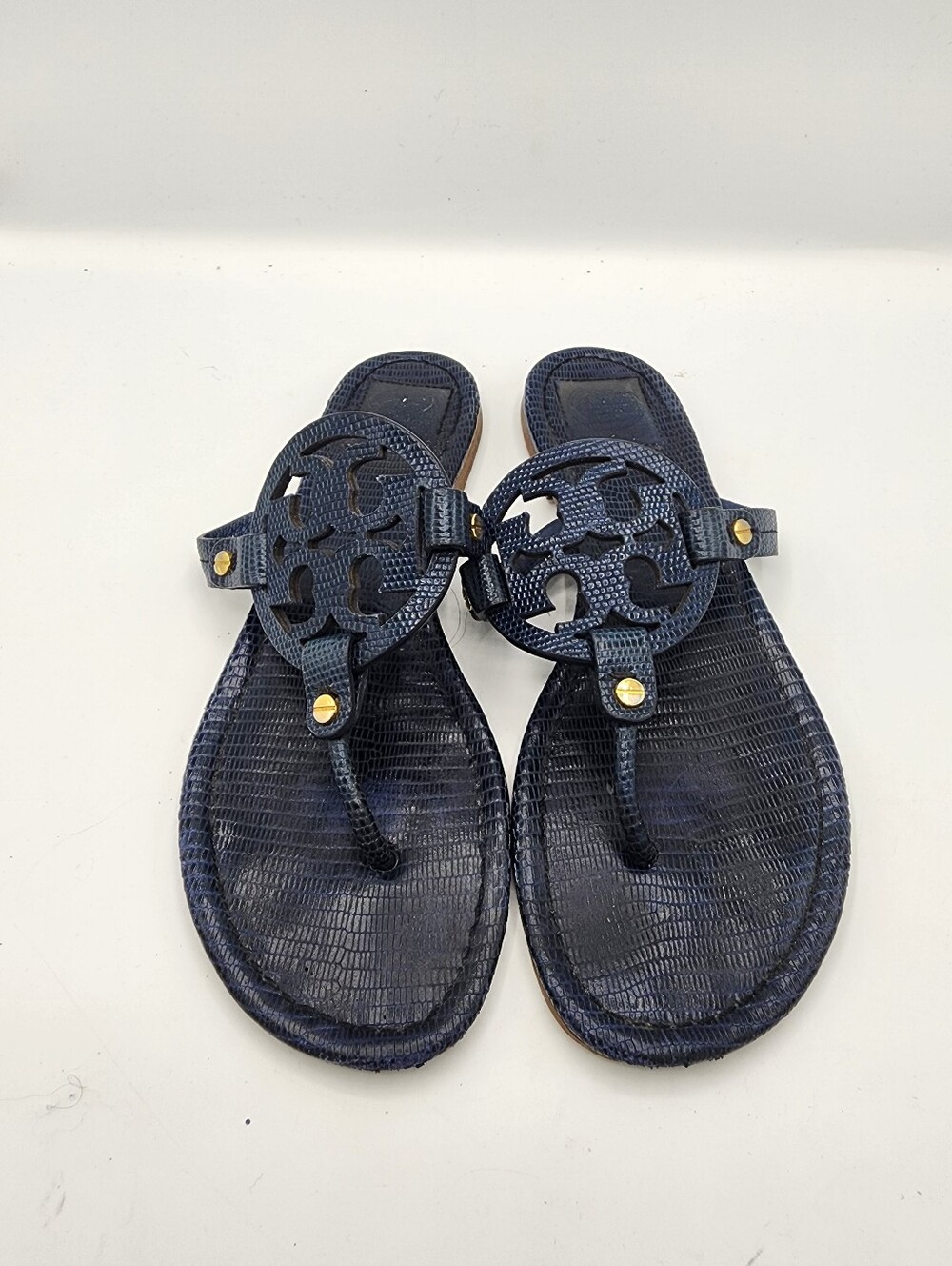 Tory Burch Navy Lizard-Embossed Logo Thong Sandals with Gold Accents
